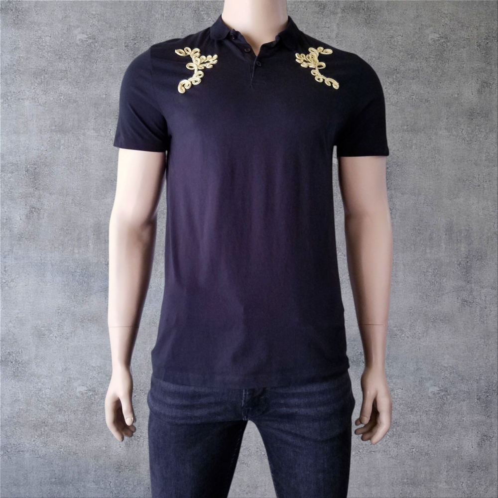 ASOS Black Slim Fit Polo Shirt with Gold Embroidery Size XL